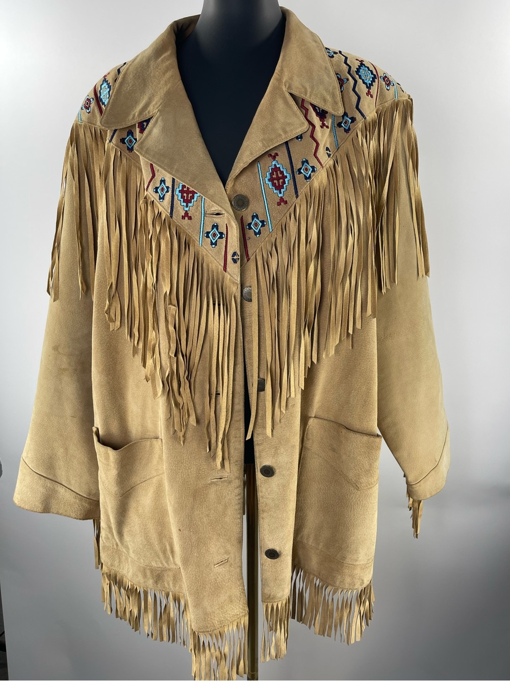Vintage Suede Embroidered Fringe Western Frontiersman Men’s Ranch Barn Coat, B8 - Picture 2 of 10